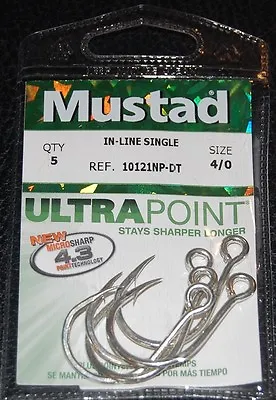 5 Pack Mustad 10121NPDT-40 Kaiju Inline Circle Hooks Size 4/0 In Line 7X Strong • $2.09