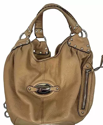 B Makowsky Studded Tan Pebbled Leather Hobo Shoulder Bag Purse Slouchy • $35