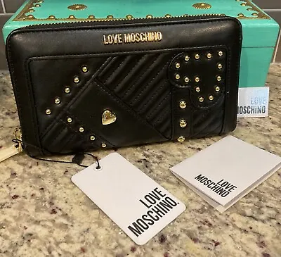 LOVE MOSCHINO Portafogli Nero Black Faux Leather ZA Wallet Gold Stud Accents NWT • $49