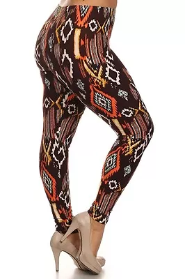 Womens Plus Brown Tribal Aztec Print Leggings One Size Fit 1X2X Or Sz 141618 • $14.99