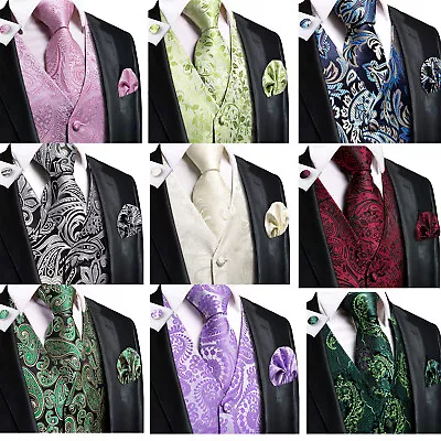 Mens Waistcoat Champagne Leaf Jacqaurd Vest Tie And Pocket Square Cufflinks Set • $51.98