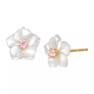 Finecraft Mother-of-Pearl Flower Earrings With Pink CZ In 14K Yellow Gold • $31.99