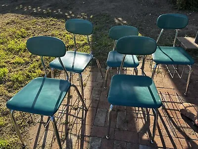 Vintage MELSUR MID CENTURY Modern Teal Chrome SCHOOL CHAIRS W/ Book Basket Lot • $300