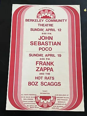 Frank Zappa John Sebastian Poco Boz Scaggs Origina 1970 Concert Poster Berkeley • $180