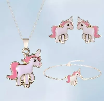 $13.99 • Buy Adorable Unicorn Necklace Earrings Bracelet Set Jewelry Birthday Gift Girls Kids