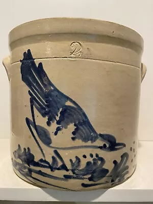 Antique American Salt Glazed Crock 2 FULPER Chicken Pecking Seeds Bird Feeding • $1200