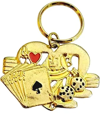 $15 • Buy Vintage Queen Of Hearts Keychain Goldtone Metal Sculpted Cards Dice Casino Gift