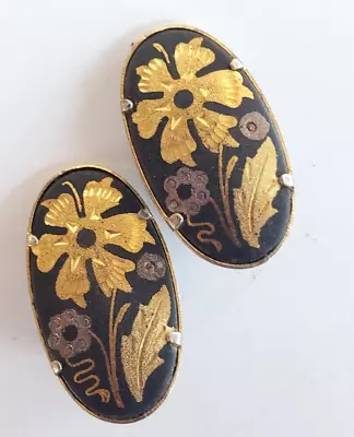 Vintage Damascene Floral Oval Clip Earrings 1  • $15