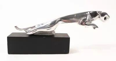 Jaguar White Metal Leaping Car Mascot On Wooden Base - Desk Ornament Paperweight • £19.99