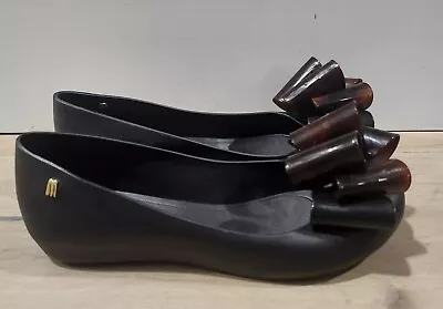 Mel Dreamed By Melissa Black ULTRAGIRL SWEET Tortoise Bow Flats Womens Size 8 • £26.54