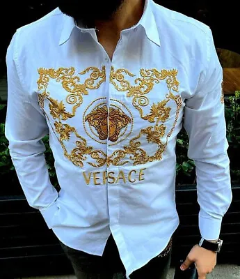 THE WHITE DEATH Cotton Men's Versace T Shirt  Button Down Embroidered White Gold • $119.01