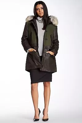 $798 Nicole Miller Mix Media Military Down Parka Wool Coat Fur Hood Jacket 8 M L • $359.10