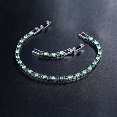 £18.99 • Buy Green Emerald White Topaz Tennis 3mm Gemstone Sterling Silver 925 Bracelet
