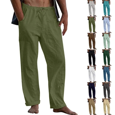 £3.13 • Buy Cotton Linen Men's Drawstring Elasticated Summer Gym Beach Loose Pants Trousers