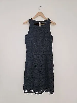 Mint Velvet Dress Womens Size 10 Black Lace Effect Cotton And Silk Button Back • £14.99