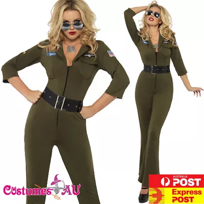 Ladies Top Gun Costume Womens 1980s Army Military 80s Aviator Pilot Jumpsuit • $47.49