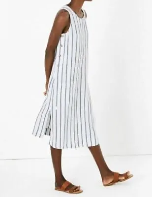 £21.99 • Buy Ladies M&S Linen Mix Midi Dress Stripe Side Button Marks And Spencer 6-24 Summer