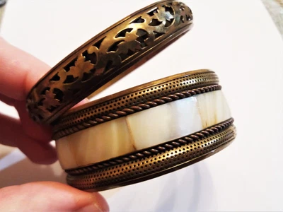 £8 • Buy A Set Of Two Vintage Bangle Bracelets, Brass & MOP (Mother Of Pearl)