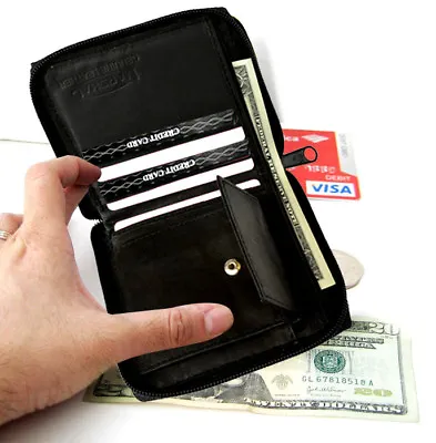 Black Genuine Leather Bifold Men's Wallet Zip Around Coin Pocket • $17.24