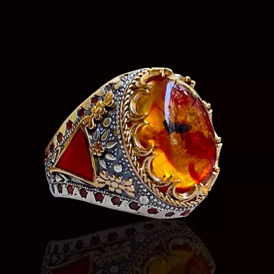 Solid 925 Sterling Silver Handmade Jewelry Fosil Amber Men's Ring All Size • $52