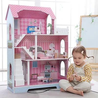 Wooden Dolls House 3-Storey Large Dollhouse Playset Educational Furniture F Kids • £59.99