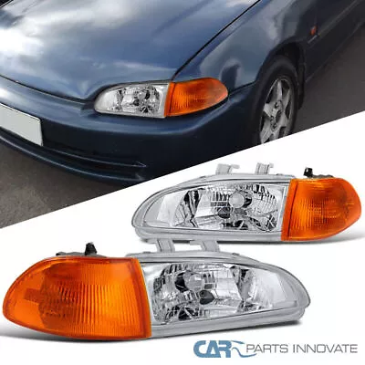 Fits 92-95 Honda Civic 4Dr Sedan Clear Headlights+Amber Corner Lights Lamps Pair • $75.91