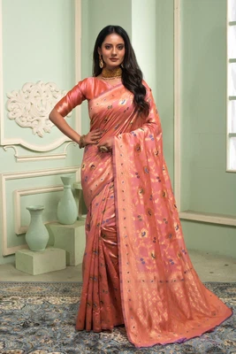 $42.75 • Buy Bollywood Indian Ethnic Banarasi Silk Peach Saree Traditional Woven Style Attire