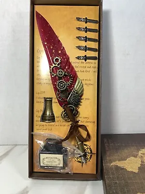 Steampunk Red Feather Calligraphy Dip Pen Gift Dark Academia Gothic Valentine • $28.99