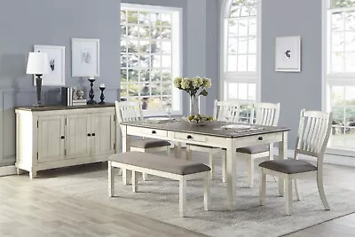 6 Pc Country Farmhouse Antique White Storage Dining Table Bench Furniture Set  • $1299