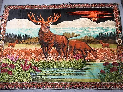 Vintage Bull Elk Nature Tapestry Wall Hanging Rug Made In Lebanon 55  X 40” • $33.96