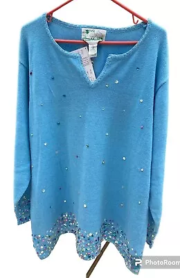 New Quaker Factory Light Blue Pullover V-neck Beaded Dressy 2X Sweater • $29