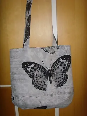 GREY AND BLACK COTTON PRINT  14in  SHOULDER TOTE  Bag  LINED BUTTERFLY MAGNETIC • £12.99