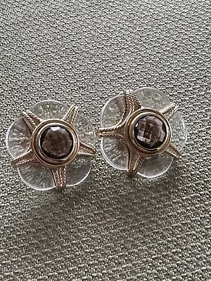 ITALY MILOR 14k YELLOW GOLD Flower Star Clear Lucite ? Stone ? EARRINGS Unique • $103.50