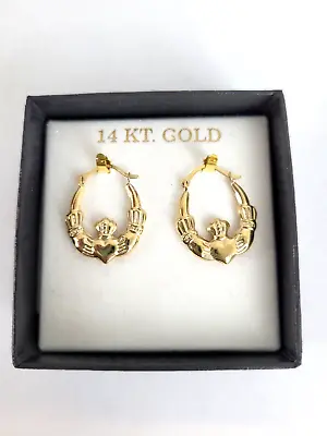Vintage 14k Yellow Gold Claddagh Heart Hands Huggie Hoop Earrings • $85