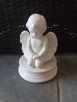 Vintage Ceramic White Angel Statue Figurine Music Box Amazing Grace Wind Up 9  • $16.14