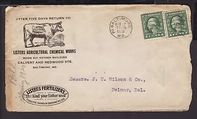 UNITED STATES 1920 BALTIMORE AGRICULTURAL CHEMICAL ADVERT COVER 1c X2 DELMAR DEL • $8.90