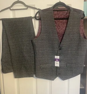 Burtons Grey Chequered Suit Trousers And Waistcoat - New With Tags • £34.99