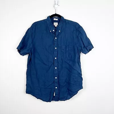 J Crew Mens Linen Short Sleeve Button Up Shirt Blue Sz L • $24.99