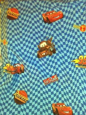 Disney Pixar Cars Twin Flat Sheet Blue Checkered McQueen Mater Craft Fabric • $6.49