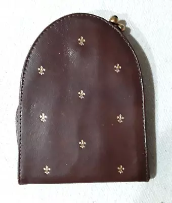 Vintage Brown Leather Fleur De Lis  Billfold Wallet Kiss Clasp Coin Purse • $5.99