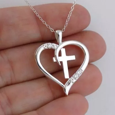 Crystal CROSS LOVE HEART FAITH Pendant 925 Sterling SILVER 24  Necklace Woman • $19.86