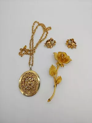 BSK Huge Rose Brooch Sarah Cov Locket Unsigned Clip Earrings Vintage Jewelry Lot • $35.17