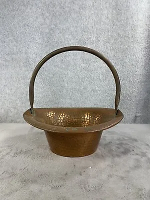 VINTAGE Hammered COPPER BOWL PLANTER BRASS HANDLE • $24.98