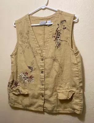 Chico's Women's Tan Floral Graphic 100% Linen Button Up Vest Size 2/Large • £21.41