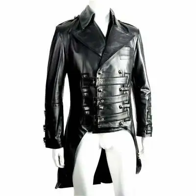 Men's Steampunk Gothic Military Black Leather Tailcoat Jacket • $114.99