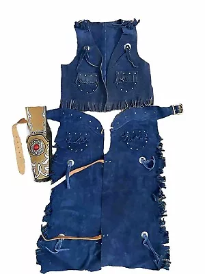 Vintage Sears Child’s Blue Leather /suede Cowboy Vest And Chaps • $24.99