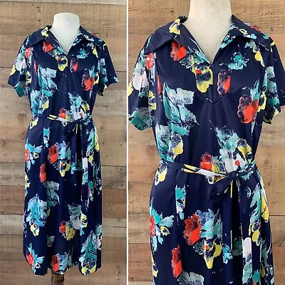 Vintage 1970's Abstract Floral Hippie Dress 44” Waist Belted Pointy Collar • $34