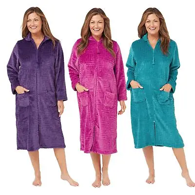 Ladies Embossed Zip Through Fleece Housecoat Dressing Gown Womens Zipped Robe • £26.95