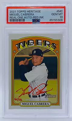 2021 Topps Heritage MIGUEL CABRERA Real One Auto RED INK 61/72 Tigers GEM PSA 10 • $499.99