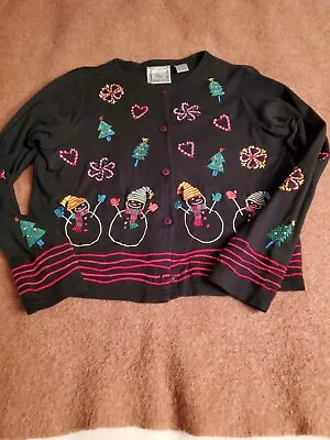 Michael Simon Lite M Black Christmas Snowman Cardigan VTG • $46